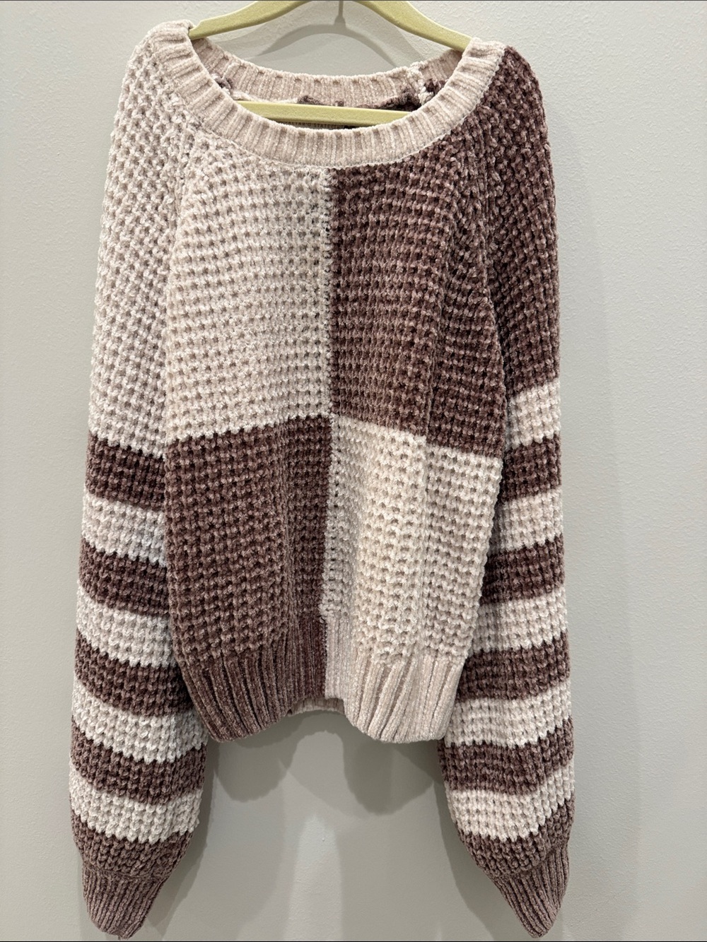 Altar'd State Cream & Brown Chunky Colorblock Chenille Sweater XS
